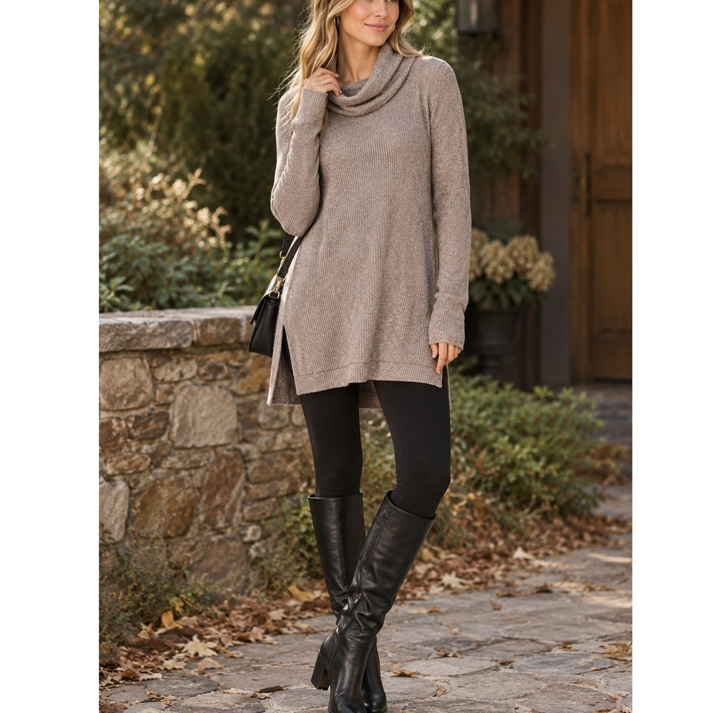 ASTR The Label Tunic Sweater L Taupe Ribbed Knit Cowl Neck Side Slits Minimalist